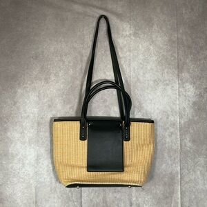 Tan & Black Woven Fabric Shoulder Purse With Side Phone Pocket